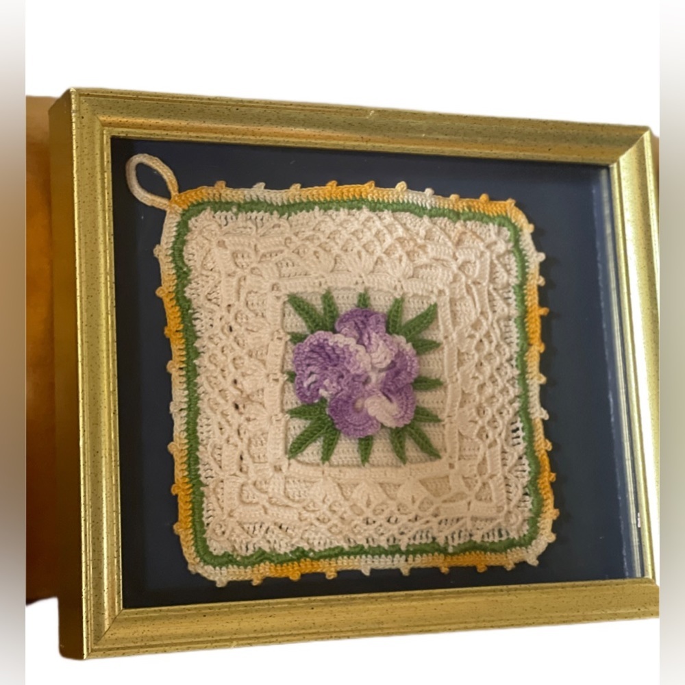 Vintage 8x10” Gold Frame Crochet Hand Knit Embroidery Tapestry Shadow Box